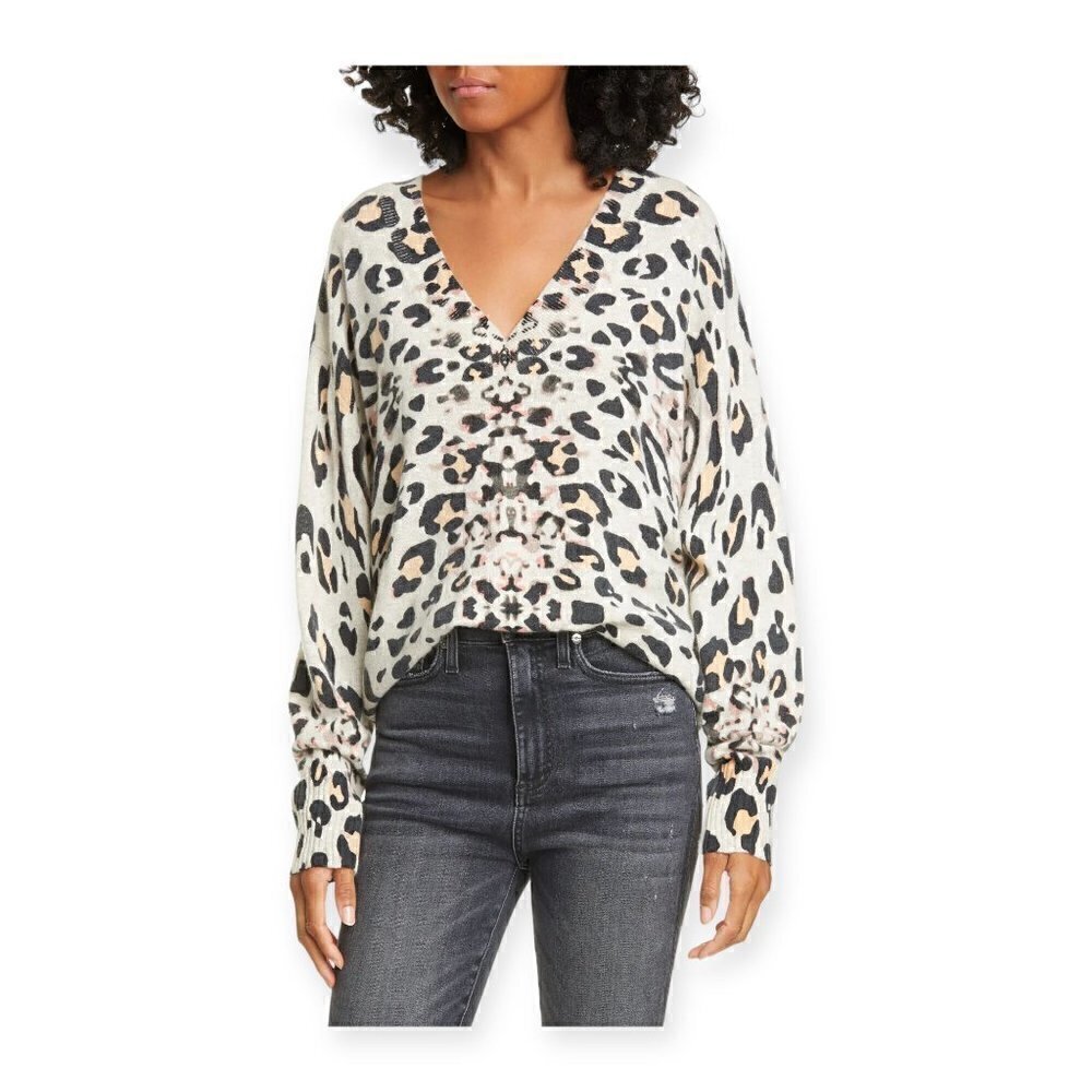 Brochu Walker Kelso Leopard Print Cashmere V-neck Sweater, Size X NWT